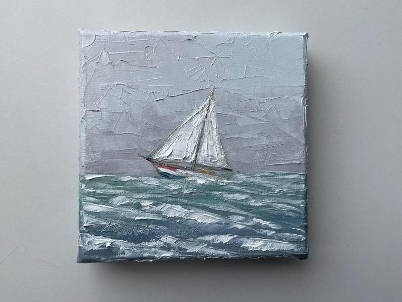 Sailboat painting on mini canvas seascape original artwork for nautical wall decor image 2