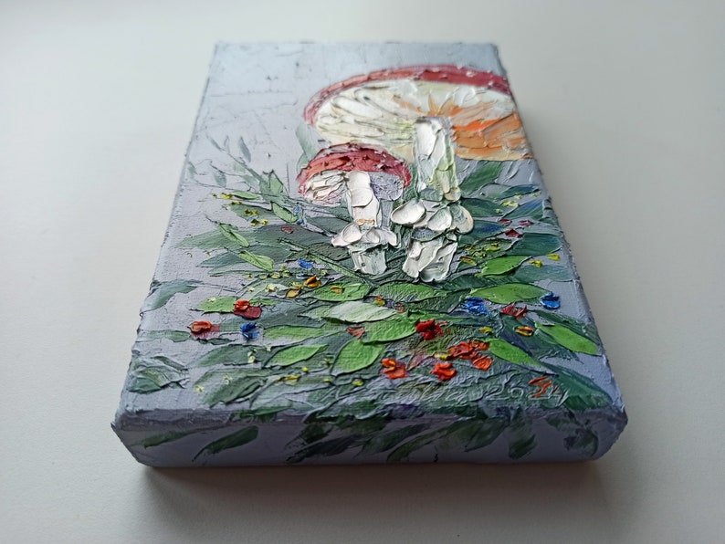 Mini painting of mushrooms on canvas original artwork for Halloween or fairycore wall decor image 3