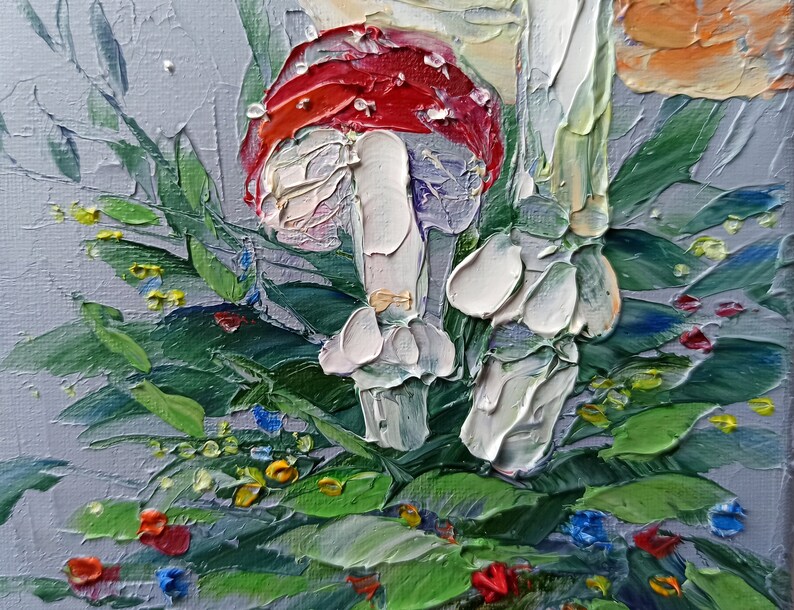 Mini painting of mushrooms on canvas original artwork for Halloween or fairycore wall decor image 6