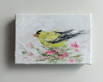 Gold finch bird oil painting 4x6 on canvas - small original art