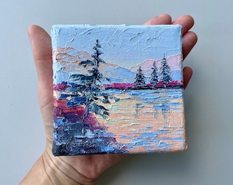 Miniature Mountain Lake Oil Painting: Textured Canvas Art (4x4 inches)