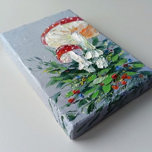 Mini painting of mushrooms on canvas original artwork for Halloween or fairycore wall decor image 4