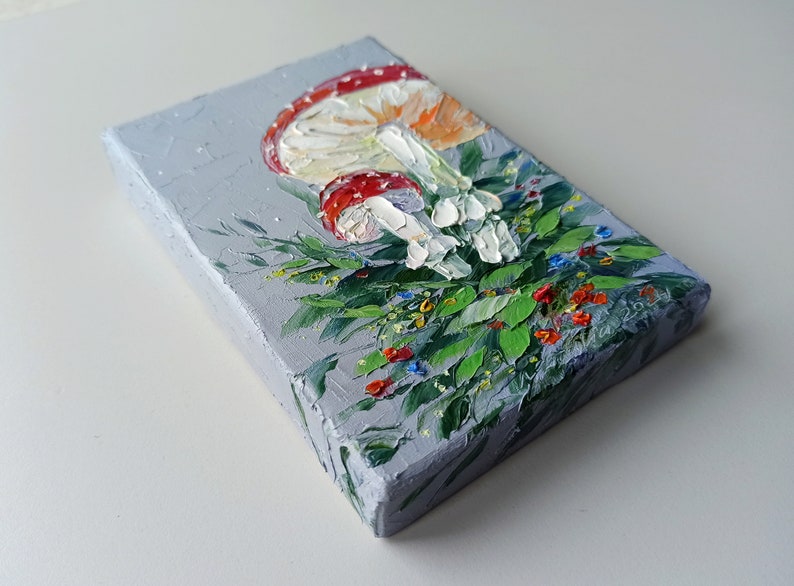 Mini painting of mushrooms on canvas original artwork for Halloween or fairycore wall decor image 4