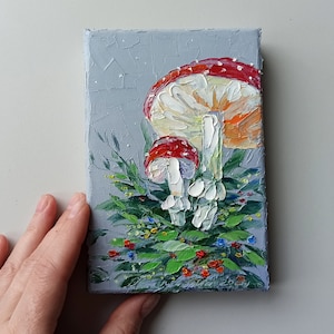 Mini painting of mushrooms on canvas original artwork for Halloween or fairycore wall decor image 1