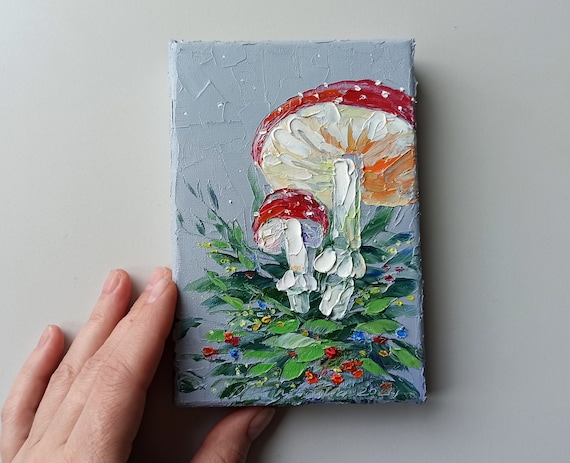 Mini painting of mushrooms on canvas original artwork for Halloween or fairycore wall decor