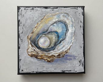 Pintura original de ostra, concha con arte de perla sobre lienzo 6x6 pulgadas