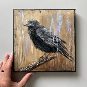 Raven painting oil on canvas original artwork, crow art - bird wall decor