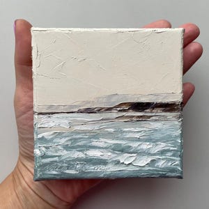 Seascape mini oil painting on tiny canvas, original wall art, palette knife art 4x4 - unique modern wall decor and gift