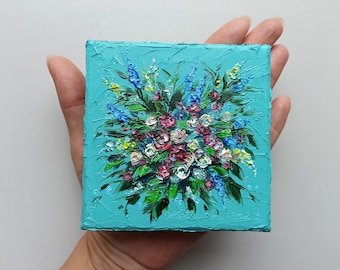 Mini Floral Oil Painting: Turquoise Textured Canvas Art (4x4 inches)