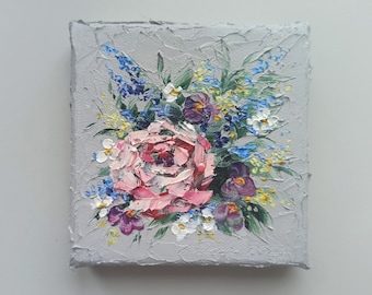 Miniature Floral Oil Painting: Textured Impasto Artwork (4x4 inches)