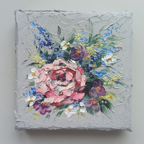 Mini painting of flowers on canvas, original oil artwork with heavy texture - unique wedding gift