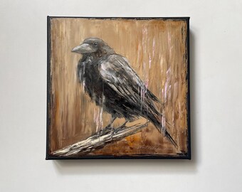 Pintura de cuervo al óleo sobre lienzo, obra de arte original, arte de cuervo - decoración de pared de aves