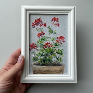 Arte de pared de geranio, pintura al óleo original en miniatura, obra de arte enmarcada de naturaleza muerta floral, 4 x 6 pulgadas