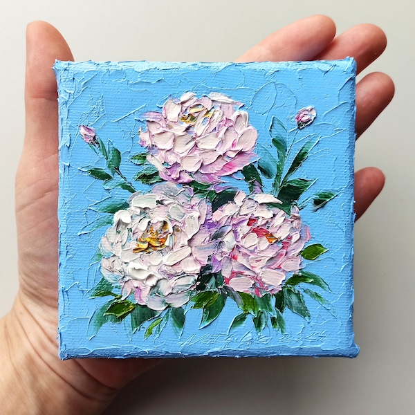Whimsical mini canvas art of peony flowers, light blue tiny original oil painting with 3d texture - perfect gift for her
