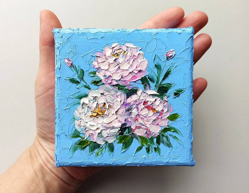 Whimsical mini canvas art of peony flowers, light blue tiny original oil painting with 3d texture perfect gift for her image 1