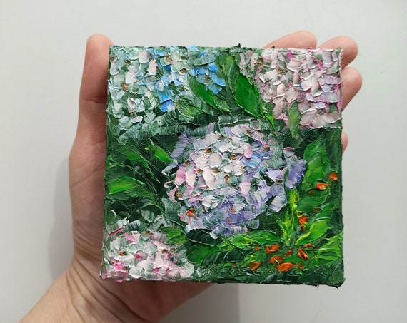 Hydrangea painting, mini canvas painting impasto flower, abstract floral art - nature lover gift