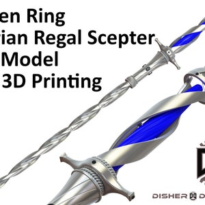 Peut inclure: Modèle 3D imprimé du Sceptre royal carian du jeu vidéo Elden Ring. Le sceptre est argenté avec des accents bleus et un design torsadé. Le modèle est conçu pour l'impression 3D.