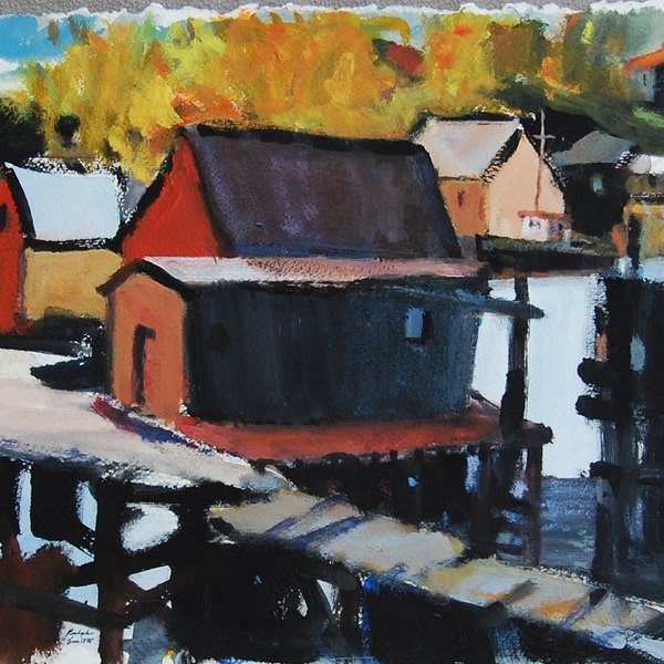 Seal Cove, Grand Manan, Canada, Watercolor, Landscape, Buildings, Houses, Dock,   Artist Ralph Smith Original