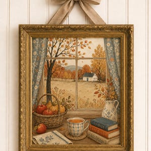 Könnte beinhalten: Ein gerahmtes Wandbild mit einem Fensterblick auf eine herbstliche Landschaft mit Haus, Bäumen und Laub. Im Vordergrund stehen ein Weidenkorb mit Äpfeln, eine karierte Tasse, ein Stapel aus drei Büchern und ein geblümtes Tuch im Goldrahmen.