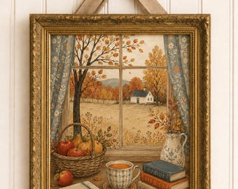 May include: A framed wall art piece featuring a window view of an autumn landscape with a house, trees, and foliage. The foreground shows a wicker basket of apples, a plaid mug, a stack of three books, and a floral cloth, all in a gold frame.