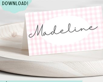 Tarjetas de mesa de cuadros vichy rosas: decoración editable para mesas de fiesta (descarga digital)