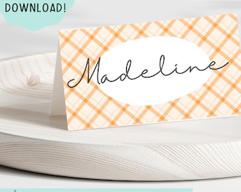 オレンジギンガムチェックのプレースカード - 編集可能なテーブルデコレーション（デジタルダウンロード）