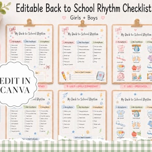 Może przedstawiać: Zestaw wydrukowanych list kontrolnych "Back to School Rhythm" dla dziewcząt i chłopców. Listy znajdują się na podkładkach i zawierają sekcje dotyczące porannych, po szkolnych i wieczornych rutyn. Widoczny jest również tekst "Edit in Canva".