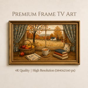 May include: A framed digital artwork titled PREMIUM FRAME TV ART featuring a window view of an autumn landscape with a house, a wicker basket of apples, a patterned mug, a folded cloth, and a stack of three books on a wooden sill.