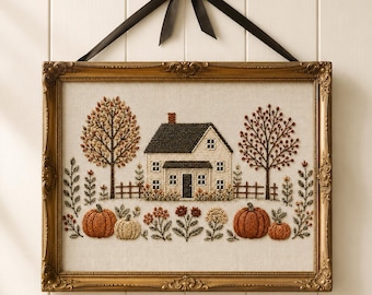 Arte mural de bordado estilo granja otoñal para imprimir, estampado de granja otoñal, decoración vintage de punto de aguja, acogedor arte mural imprimible de otoño