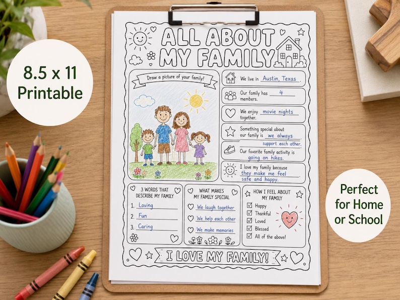 Pu&ograve; includere: Un foglio di lavoro stampabile di 21,6 x 27,9 cm intitolato All About My Family con illustrazioni a linee nere di una casa, un sole e fiori. La pagina include sezioni da compilare per i dettagli familiari, uno spazio per disegnare e caselle.