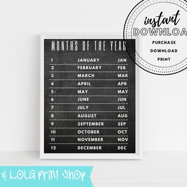 Months of the Year Poster Print - Classroom Poster - Homeschool Poster - Wall Art