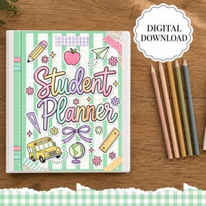 May include: A student planner with a light green and white striped cover featuring the text Student Planner in pastel colours. The cover is decorated with illustrations of a pencil, apple, paper plane, school bus, globe, ruler, and flowers.
