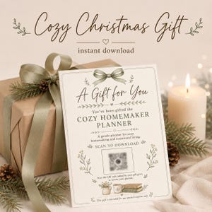 May include: A rectangular gift card with a cream background and dark text reading A Gift for You, You've been gifted the COZY HOMEMAKER PLANNER, and SCAN TO DOWNLOAD. It features a QR code, botanical illustrations, and a small drawing of books.
