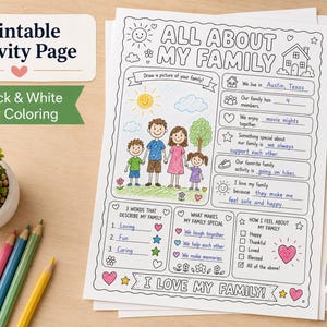 Pu&ograve; includere: Una pagina di attivit&agrave; stampabile intitolata All About My Family con disegni al tratto in bianco e nero da colorare. Il foglio presenta un'illustrazione centrale di una famiglia, sezioni da compilare con dettagli familiari e domande sui sentimenti.