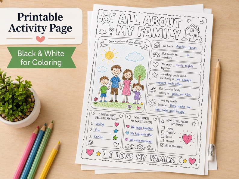Pu&ograve; includere: Una pagina di attivit&agrave; stampabile intitolata All About My Family con disegni al tratto in bianco e nero da colorare. Il foglio presenta un'illustrazione centrale di una famiglia, sezioni da compilare con dettagli familiari e domande sui sentimenti.