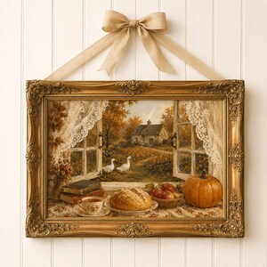 May include: A rectangular wall art piece in an ornate gold frame, suspended by a beige ribbon bow. The print depicts an open window view of a cottage, two white geese, a loaf of bread, a teacup, books, apples, and a pumpkin on a table.