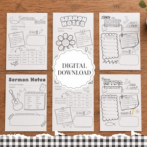 May include: A collection of black and white sermon notes with various designs, including a guitar, fish, and floral elements. The notes feature spaces for scripture passages, key words, and personal reflections. The words "DIGITAL DOWNLOAD" are also visible.