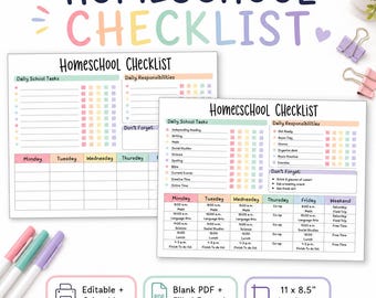 Lista di controllo per l'istruzione domiciliare modificabile, PDF stampabile, pianificatore settimanale per l'istruzione domiciliare, tabella delle attività giornaliere, tracker della routine, modello Canva, download immediato.