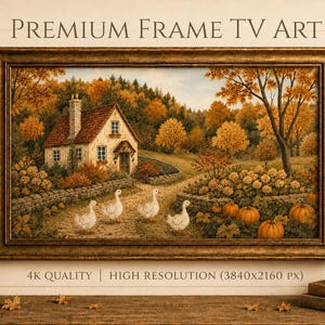 Op de afbeelding: Een rechthoekig ingelijst digitaal kunstwerk getiteld PREMIUM FRAME TV ART, 4K QUALITY | HIGH RESOLUTION (3840x2160 PX). De afbeelding toont een huisje met een stenen pad, vier witte ganzen, herfstbomen en oranje pompoenen in een landschap.