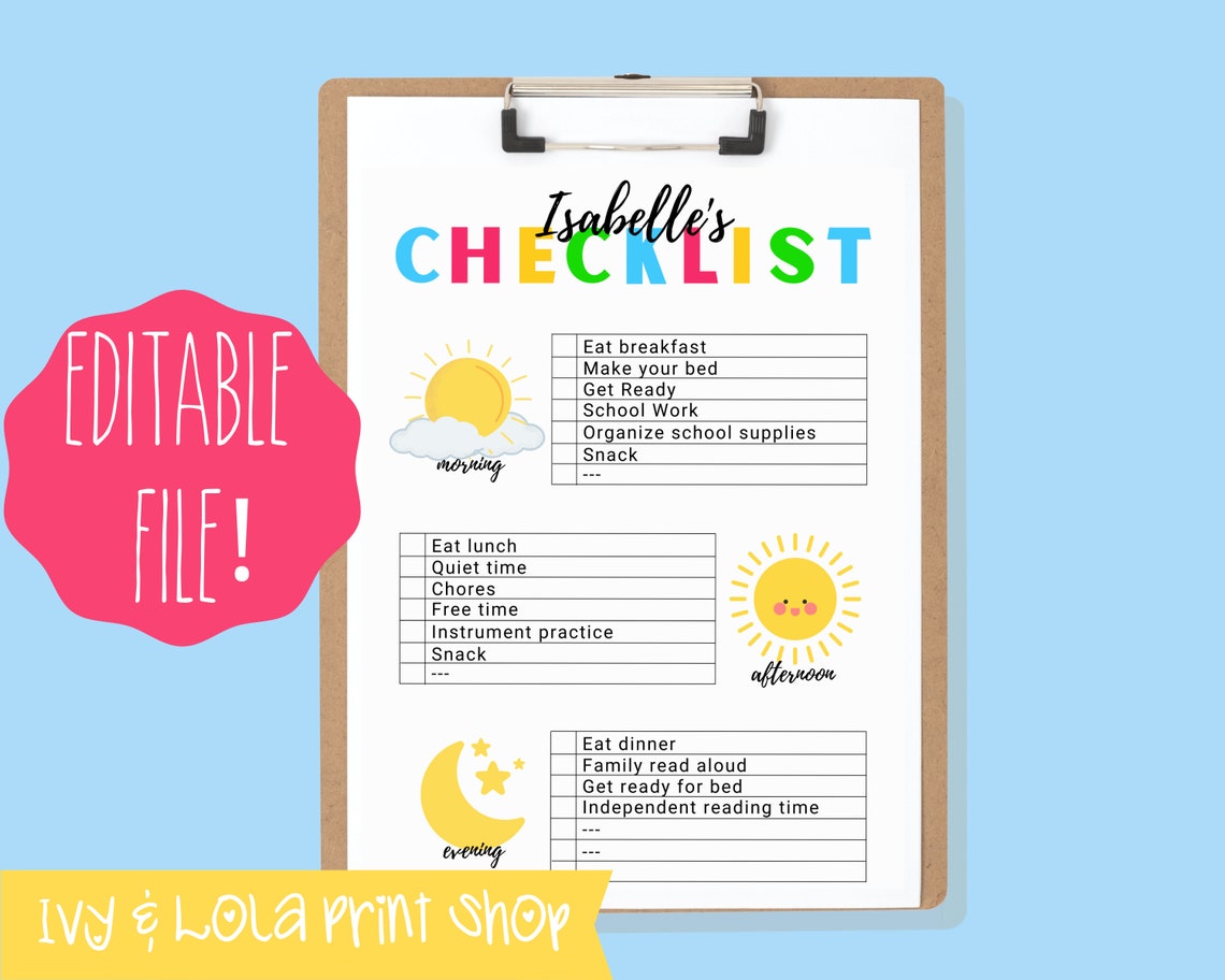 Editable Daily Checklist for Kids Responsibility Chart | Etsy
