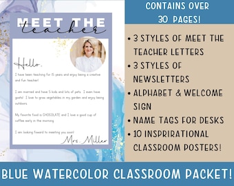 青い水彩画風の幼稚園教室装飾セット、編集可能なニュースレター、先生紹介アルファベットポスター、ネームプレート