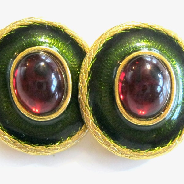 Unique Vintage High End Designer Clip on Earrings - Unsigned Beauties - Olive Green Guilloche Enamel w Ruby Red Jewel Center - Unique Colors