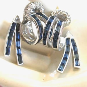 Hollywood Glam Vintage Boucher Ear Hugger Sapphire Rhinestone Clip on Earrings c 1950 - Double Hoop Front & Star Burst Back / Side Detailing