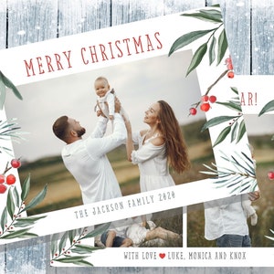 Groen en bessen familie foto kerstkaart, Foto Collage Holiday Card