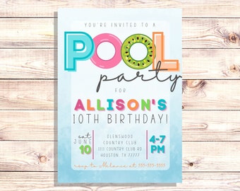 Invitación de cumpleaños de fiesta en la piscina brillante, fiesta de natación de neón