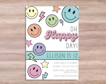 Invitación de cumpleaños con carita sonriente: Fiesta de niña en tonos pastel vintage (archivo digital)