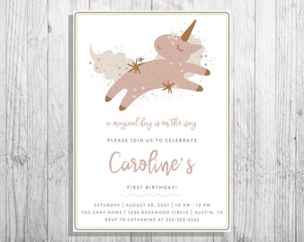 Invitación del primer cumpleaños del unicornio boho de niña, invitación de unicornio durmiente, malva, oro y bronce