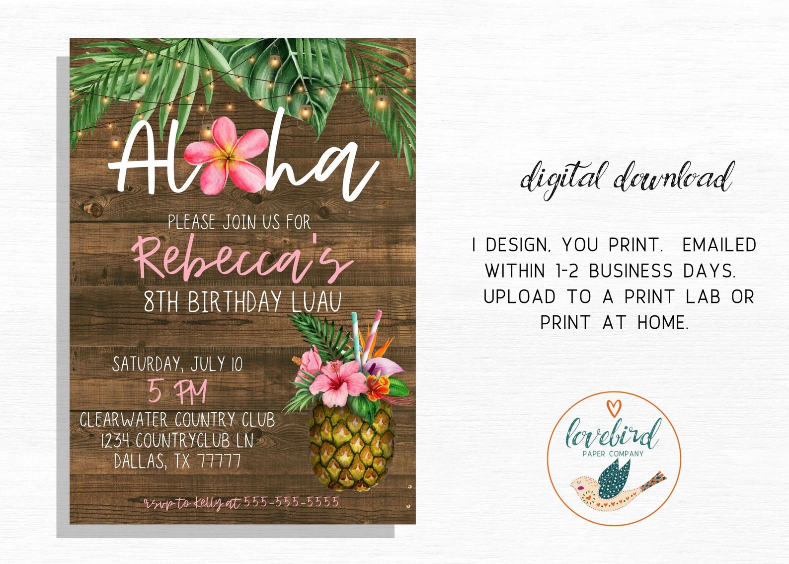 Aloha Luau Birthday Invitation Tropical Hawaiian Girl's Etsy