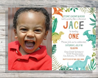 Invitación de fiesta de cumpleaños de dinosaurio de un año para niño, azul, verde, naranja