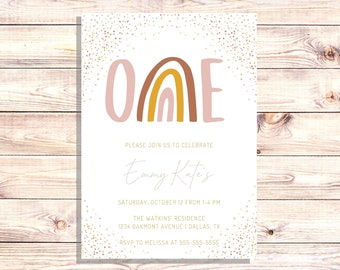 Invitación del primer cumpleaños del arco iris de Boho, invitación de la fiesta de un año de color malva, rubor y oro
